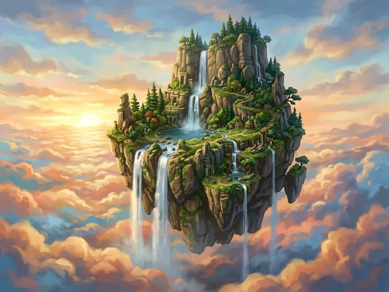 Digital painting of a floating island with waterfalls above the clouds at sunrise