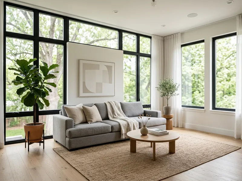 Bright minimal living room with a grey sofa, plants and large windows