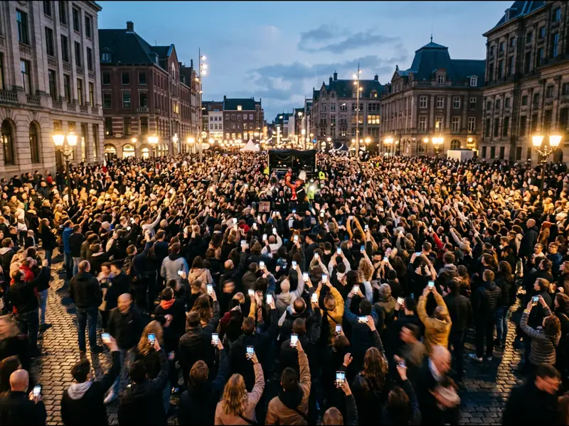 Large crowd holding up phones at an outdoor city event at dusk
