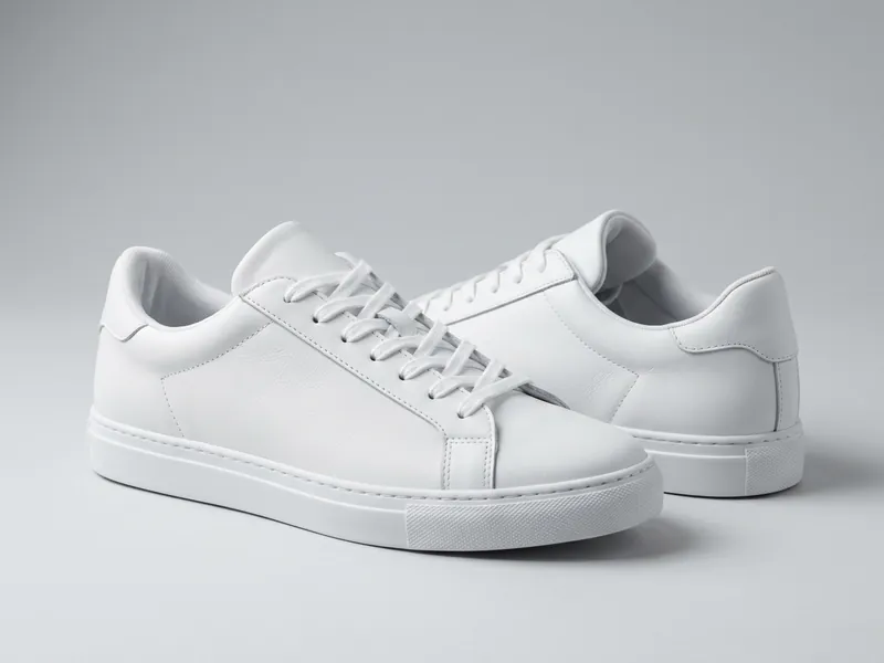 Pair of plain white leather sneakers on a light grey studio background