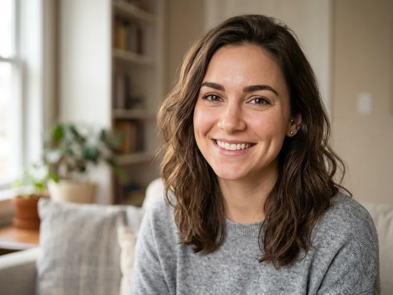 Smiling woman in a grey sweater in a profile-style headshot