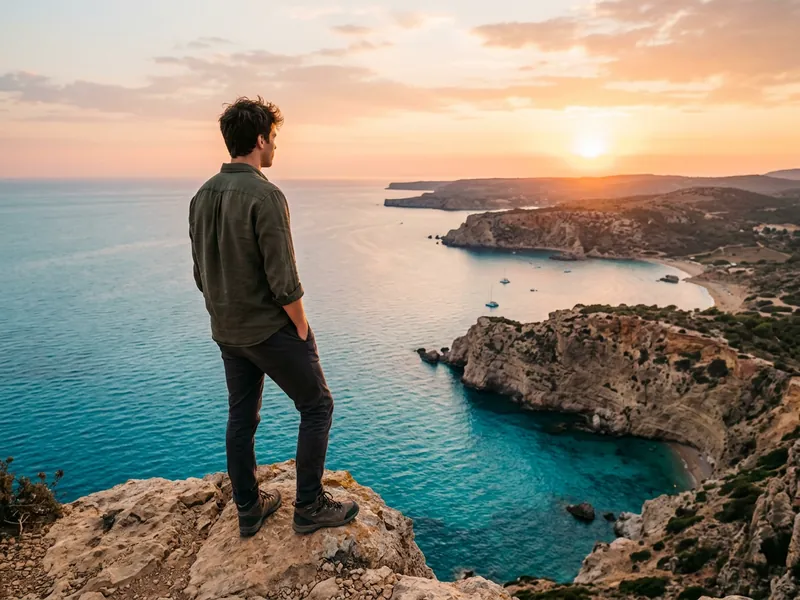 Man standing on a cliff above a turquoise sea at sunset