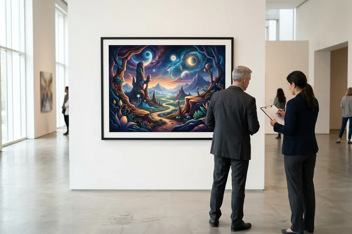 Two judges in a gallery examining a large framed digital artwork