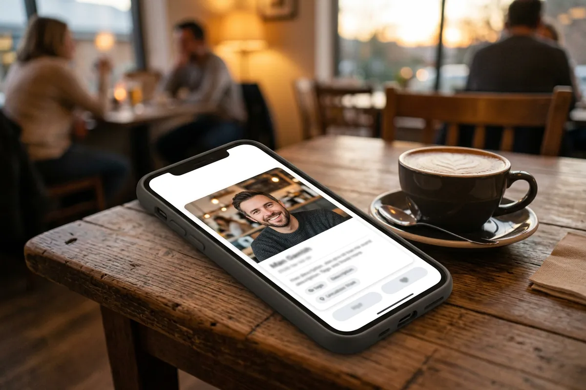 Smartphone on a cafe table showing a dating profile photo of a smiling man